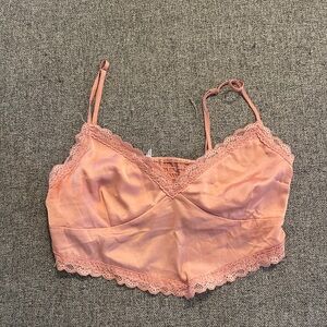 Lace Trim Satin Bralette Top - Pink